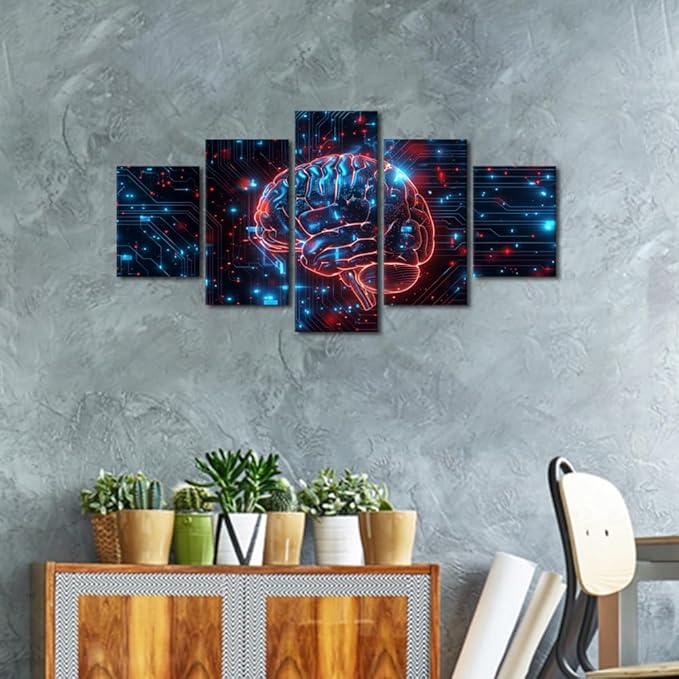 TUMOVO 5 Panel Digital Human Brain Decor for Bedroom Artificial Intelligence Technology Canvas Wall Art for Living Room Posters for Bedroom Futuristic Technology Paintings Artwork 60" Wx32 H