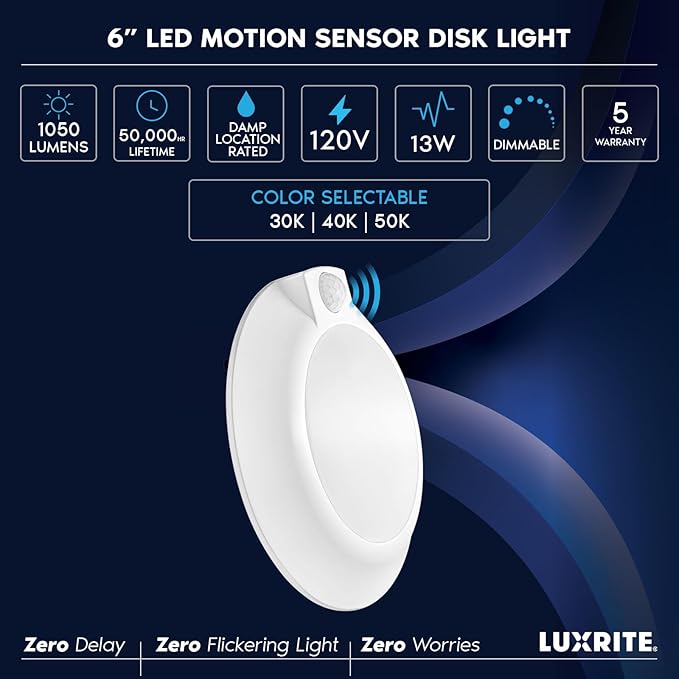 LUXRITE 6 Inch LED Motion Sensor Ceiling Light, CRI 90, 3CCT 3000K 4000K 5000K, Adjustable Detection Range and Timer, 13W, 1050LM, Dimmable Flush Mount Light Fixture, 120V, Energy Star, ETL Listed