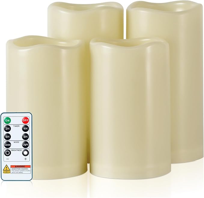 5plots 3" X 5"5" 6" 6" Outdoor Waterproof Candles, Battery Operated Led Ivory White Flameless Candles with 10-Key Remote & Timer for Indoor Home Lantern Holiday Decor, Set of 4