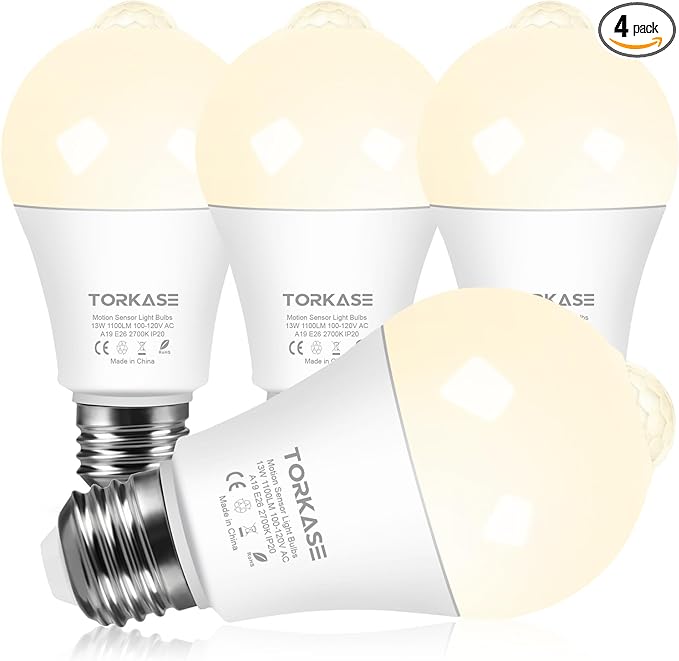Torkase Motion Sensor Light Bulbs, 13W (100Watt Equivalent), Motion Activated Dusk to Dawn Security LED Bulb, 2700K Warm White, Energy-Efficient, for Indoor and Outdoor Lighting, Porch, Stairs 4Pack
