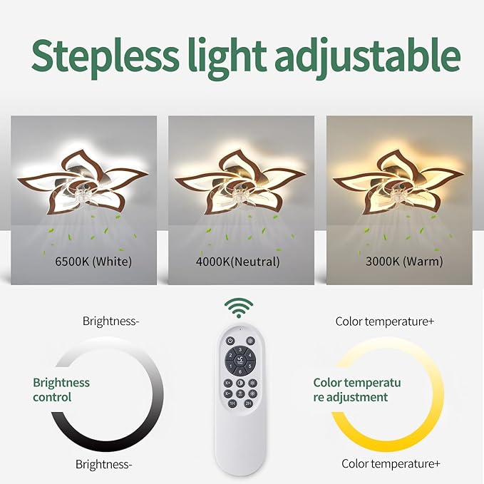 Modern Ceiling Fan with Lights, Flush Mount Ceiling Fan with Remote, Low Profile Ceiling Fan with 3 Light Color 6 Speeds, bladeless Ceiling Fans for Kitchen Bedroom (Malnutcolor)