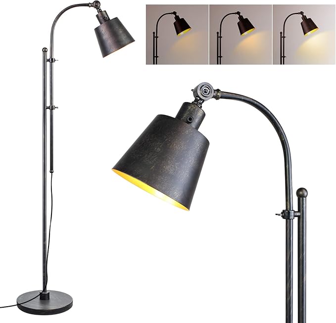 Floor Lamp, Industrial Floor Lamps for Living Rooms & Bedrooms - Rustic Farmhouse Reading Lamp Standing, Adjustable Metal Heads Indoor Task Lighting for Living Room Office Home Décor (Rustic Black)