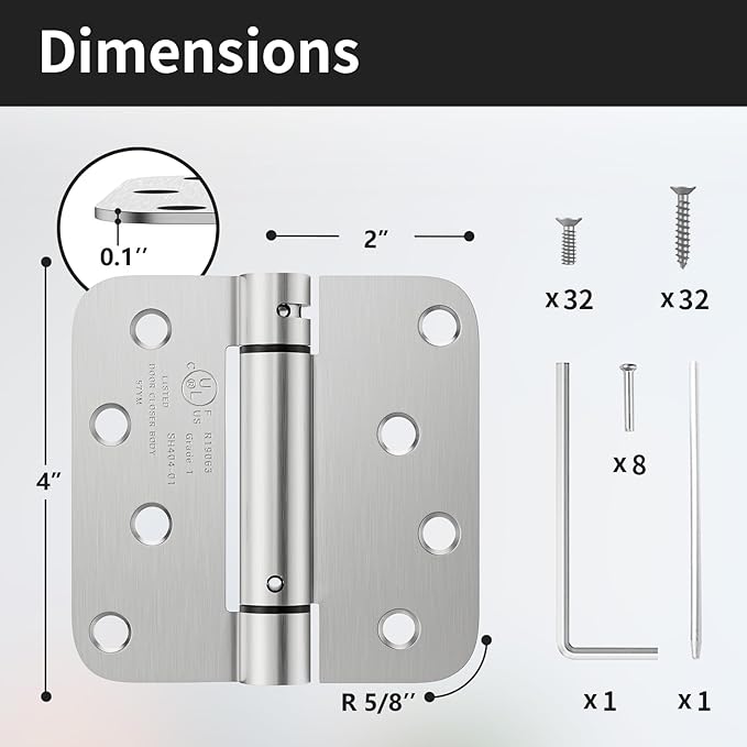 4 Pack Self Closing Door Hinges, 4 Inch Spring Loaded Door Hinges with 5/8'' Radius Corners, Adjustable Tension for Garage, Front, Back Door, UL Listed, Left and Right Hand, Brushed Nickel