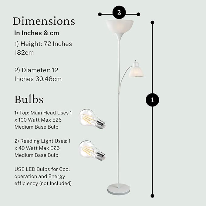 LIGHTACCENTS Floor Lamp with White Plastic Shades, Adjustable Standing Lamp, Reading Light, Head Lamp, Ideal Floor Lamps for Living Room, Measures 12x12x72 inches