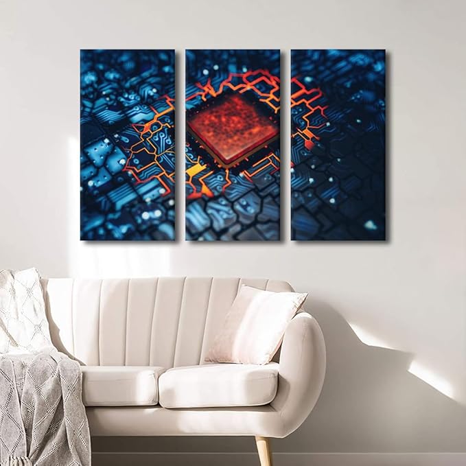 3 Panel Wall Art Motherboard Digital Chip Poster Canvas Wall Art Circuit Paintings Modern House Decoration for Living Room Boys Girls Teen for Bedroom Decor Prints Framed Ready to Hang(28"Wx42"H)