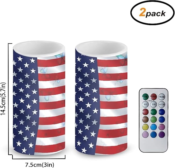 Flameless Candles LED American Flag Decorative Candles Butterfly Print Battery Operated Ornage Flickering Candles with 18-Key Remote Timer Pillar for Home Living Room Party Table Decorations