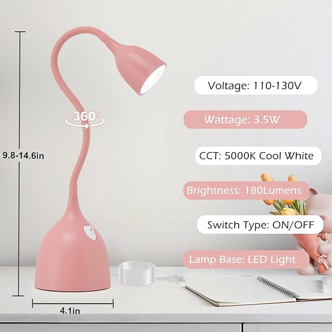 Gooseneck Desk Lamp 360° LED Flexible Reading Light Small Desk Lamps for Small Spaces Home Office Bedroom College Dorm Desk Bookshelf Nightstand Table Lamp (Pink)