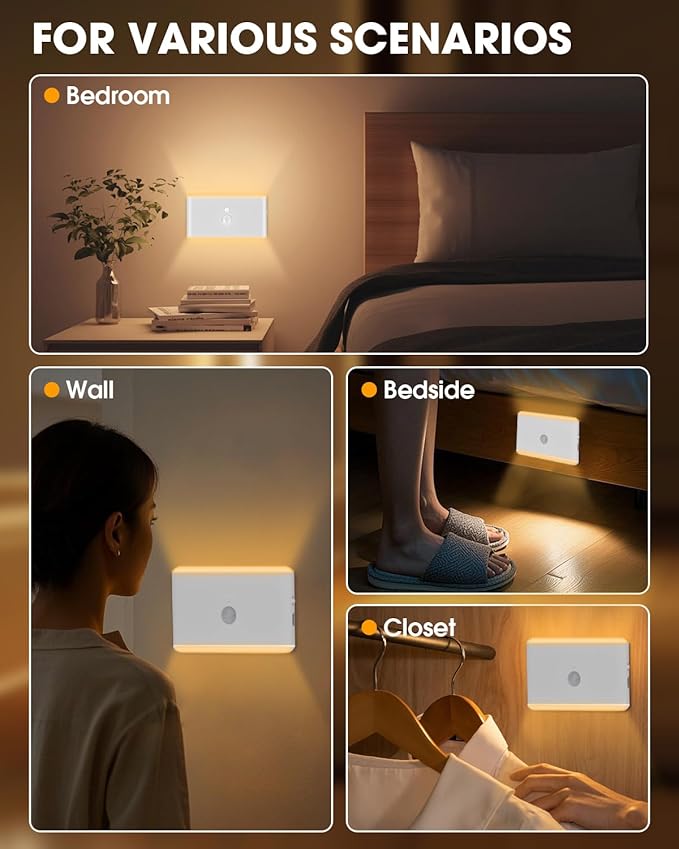 LAVAED Motion Sensor Night Light Indoor,RGB Charging Cordless Stair Lights,LED Wireless Step Light 500mAh Rechargeable Battery Operated Stick On Light for Hallway,Kitchen,Closet,Cabinet,Bedroom(4pack)