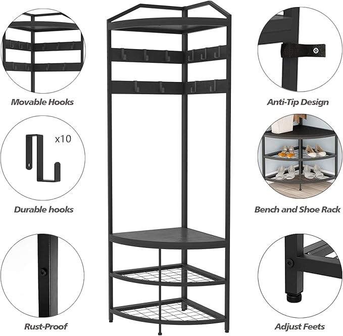 GiftGo Corner Hall Tree with Shoe Bench Entryway Coat Rack with 10 Metal Movable Hooks Freestanding Clothes Rack Shoes Shelf Organizer for Home Office Bedroom (Black)