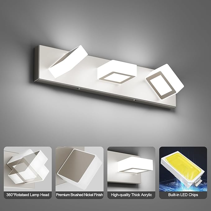 Ralbay Brushed Nickel Bathroom Vanity Lights Metal Acrylic LED Modern Bathroom Wall Lighting Fixtures Brushed Nickel