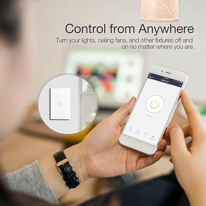 WiFi Smart Wall Light Switch Glass Touch Panel Wireless Remote Control by Mobile APP Anywhere Compatible with Alexa,Timing Function No Hub Required (Wall Switch 1 Gang).