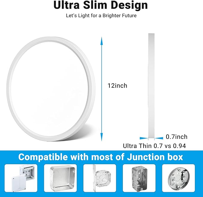 2 Pack LED Flush Mount Ceiling Light,12Inch 24W,3000K/3500K/4000K/5000K/6500K 5 Color Temperatures Ceiling Light Fixture for Kitchen Porch Hallway Bedroom Bathroom and Closet,White