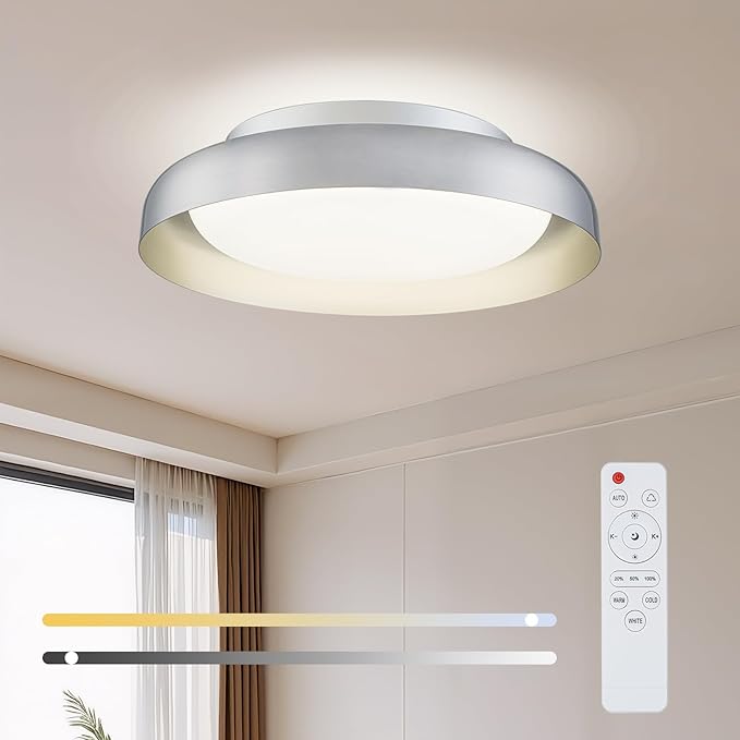 Ken & Ricky Flush Mount Ceiling Light Fixture, Led Dimmable 24w for Bedroom Kitchen Bathroom Laundry Hallway Entryway,Remote Control (Brushed Nickel,12Inch,1PK)