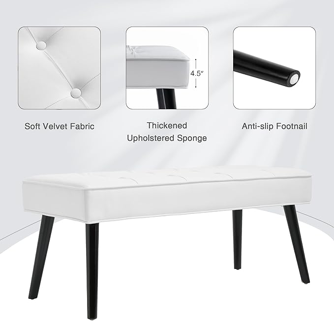 LOULENS 40'' PU Leather Tufted Ottoman Bench, Modern Upholstered End of Bed Bench, Waterproof Leather Entryway Bench with Wood Legs, Accent Footrest for Living Room, White