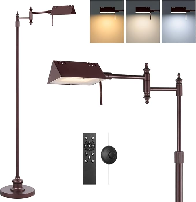 Dimmable Pharmacy Floor Lamp with Remote, 17W LED Reading Floor Lamp with 360°Swing Arm, 3 Color Temperature, Height Adjustable Standing Task Lamp for Living Room, Bedroom, Office, Oil-Rubbed Bronze