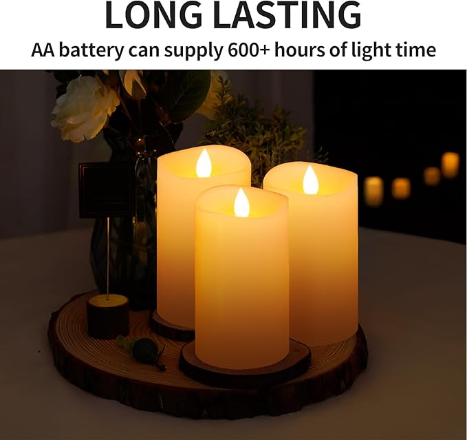 3" x 5" Flameless Candles Set of 3, 2AA Battery Life 600 Hours Battery Candles Flickering with Timer, 5 inch Flameless Candles with Remote for Indoor/Outdoor, Ivory