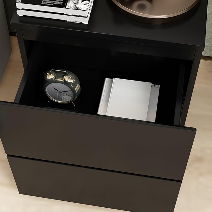 FAMAPY Modern Nightstand with 2 Drawers, Bedroom Storage Cabinet, Modern End Side Table, No Handle Design, for Living Room Black 15.7”W x 11.6”D x 18.9”H
