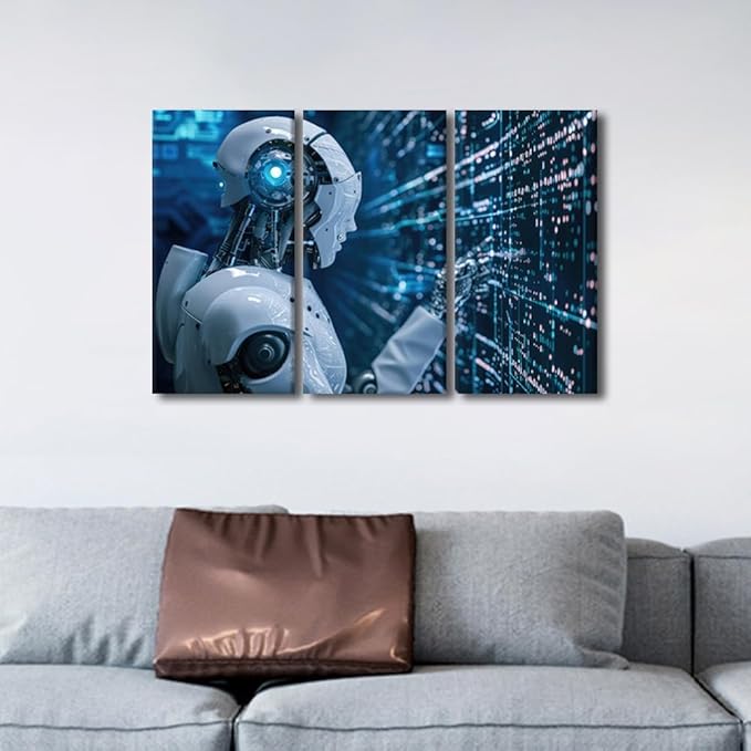 3 Panels Canvas Wall Art - Robot Canvas Wall Art Big Data Analysis Paintings Canvas Print Large Wall Decor AI Intelligence Pictures Modern Artwork for Wall Decorations Framed Ready to Hang, 36"Wx24"H