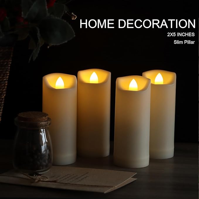 LED Battery Operated Candles 2"x5" Plastic Flickering Flameless Candles with Timer/Remote Outdoor Waterproof Wedding Party Halloween Christmas Decoration Realistic Slim Tall Pillar Candles
