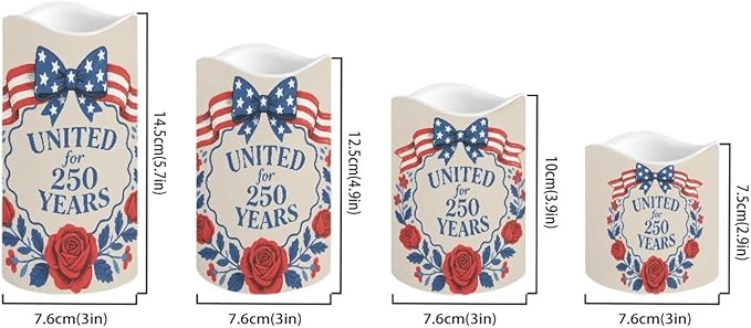 United for 250 Years Fake Candles Flowers Independence Day Battery Led Lights Fourth of July LED Flickering Remote Control Candle Decors for Patio Porch Mantle, 4 Pack
