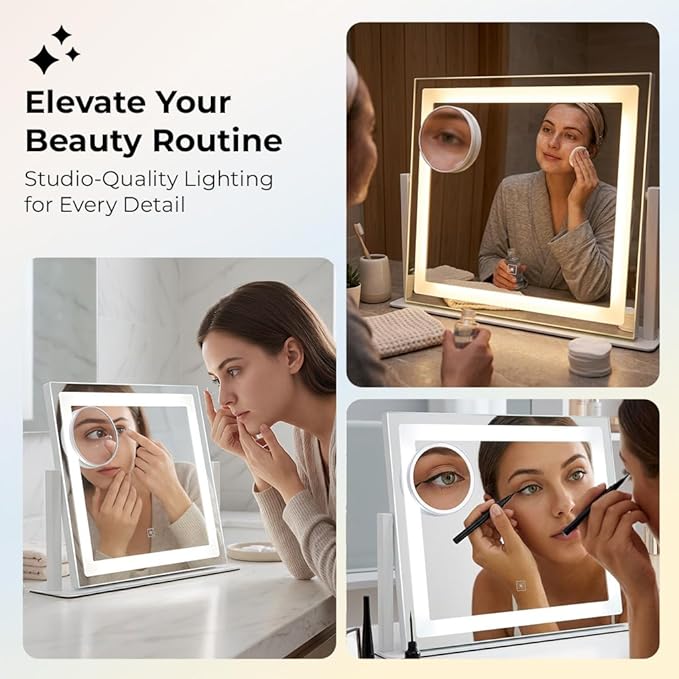 Vanity Mirror with Lights, 12" x 16" Lighted Makeup Mirror with Smart Touch Control, LED Makeup Mirror with 3 Color Lighting Modes, 10X Magnification, 360° Rotation for Tabletop - White