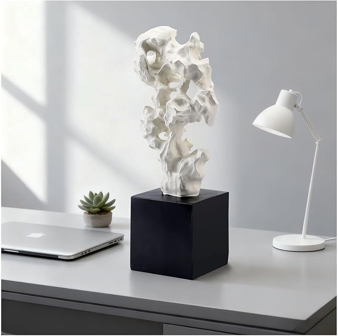 Modern Abstract Sculpture - 11.8" Stone Home Decor, Resin White and Black Art Statues for Living Room, Coffee Table Centerpiece, TV Stand Shelf Bookshelf Decorations