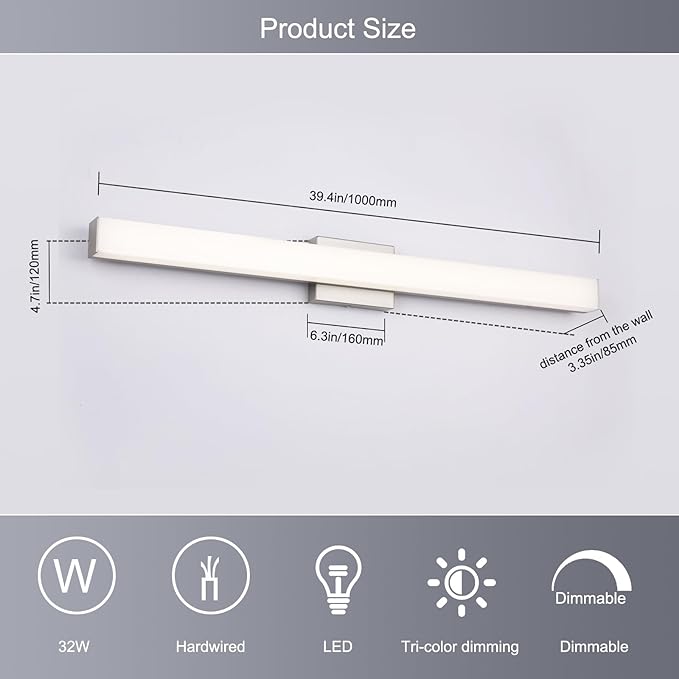 Brushed Nickel LED Vanity Light for Bathroom, 39.4-Inch 28W Anti-Fog Fixture Over Mirror, 3 Color Temp Adjustable
