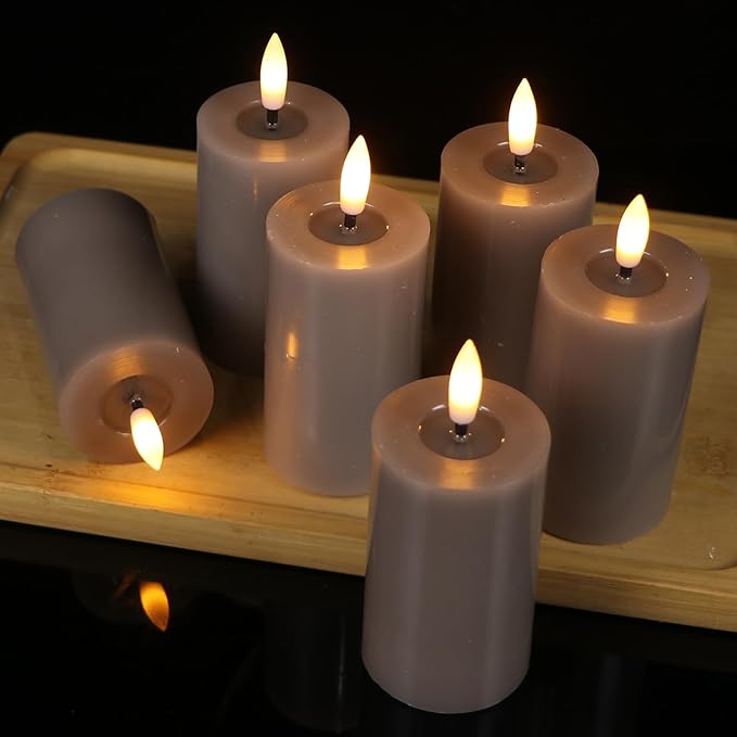 Mirror Surface Votive Candles Battery Operated with Remote Timer, 6pcs Real Wax LED Votive Candle Realistic Flickering for Wreaths Memorial Lantern Φ 2" H 4.5” Gray Flameless