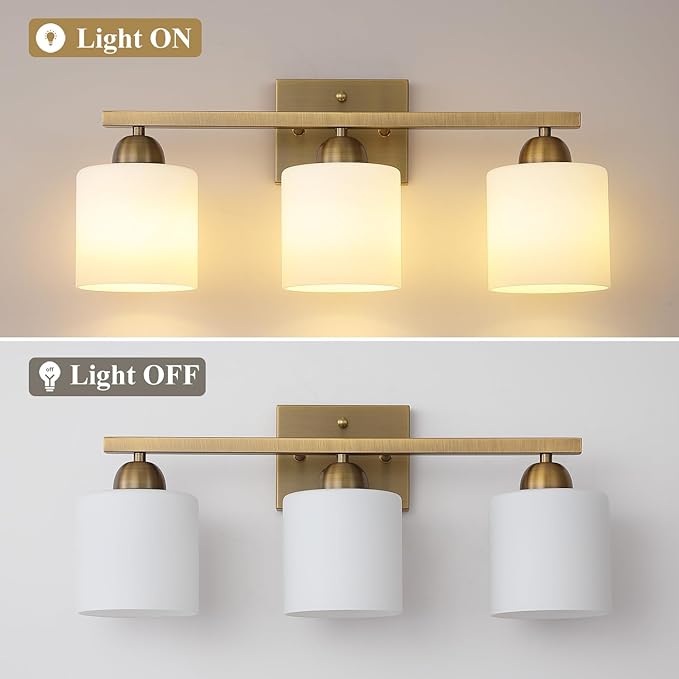 Milk Glass Vanity Lights for Bathroom, 3 Light Brass Bathroom Light Fixtures Over Mirror, Ceramic E26 Sockets Wall Mounted