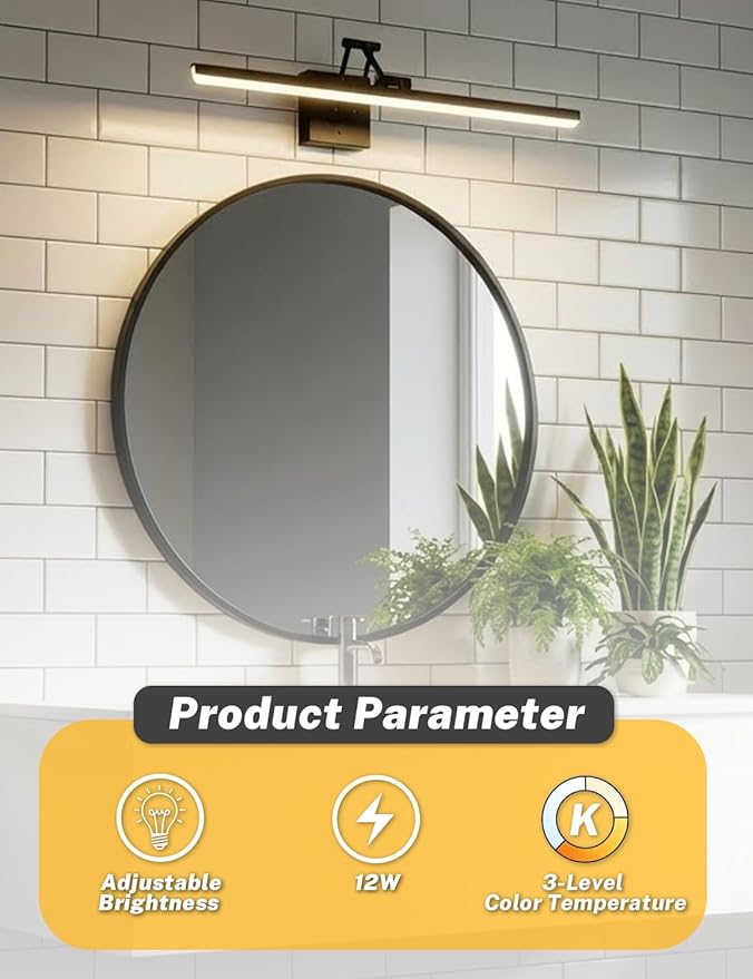 OSYNNIQ Bathroom Vanity Light, 24″ Wall Picture Art Modern Lighting Fixture Over Mirror LED Bar 3 Colors Dimmable Brightness Adjustment Rotatable Black Waterproof IP44 Wall Sconce for Makeup Shaving