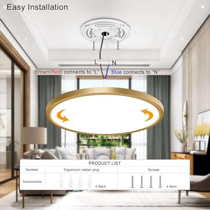 12 Inch Gold LED Ceiling Light, 6000K Cold White, 24W Gold Flush Mount Ceiling Light, 3200LM Round Flat Ceiling Lights for Bedroom, Living Room, Dining Room, Stairwells