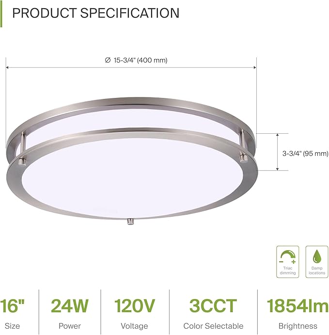 ASD LED 16" Round Flush Mount Lighting, Close to Ceiling Light Fixture | 3CCT, Dimmable, Energy Star, ETL Listed | 24W 1854LM 3000-5000K 120V | Low Profile Double Ring Lamp | Nickel, 2 Pack