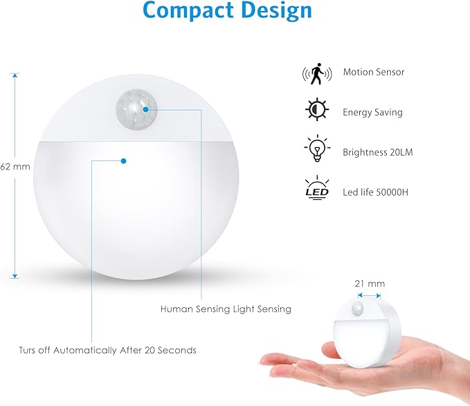 AMIR Upgraded Mini Motion Sensor Light Battery-Powered, Cordless Stick-on LED Night Light, Wall Light, Closet Lights, Safe Lights for Stairs, Hallway, Bathroom, Kitchen, Cabinet (Pack of 6 - White)