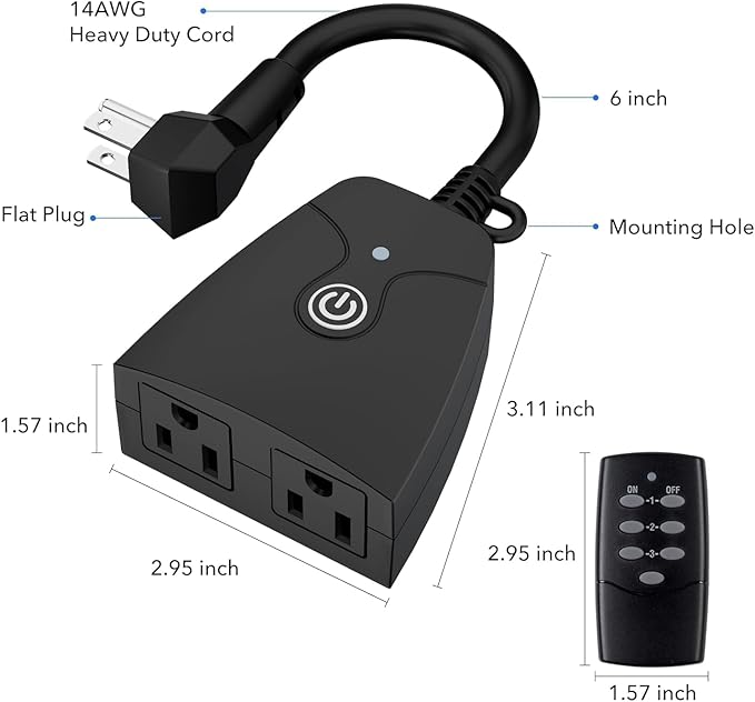 HBN Outdoor Wireless Remote Control Outlet Plug,Weatherproof Heavy Duty Power Strip,Indoor Electrical Plugs for Light Switch,6-inch Cord,100ft Range, ETL Listed(15A,Dual 3-Prong Outlets,3Packs)