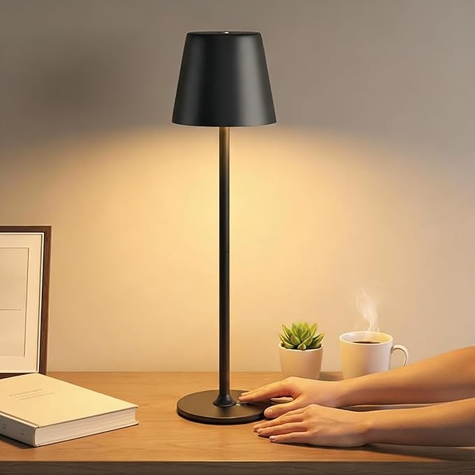 Cordless LED Table Lamp, Touch Dimmable Bedside Night Light, Rechargeable USB, Full Metal Body, Dual Battery, IP54 Waterproof – Black
