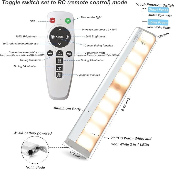 LDOPTO Motion Sensor Under Cabinet Lights with Remote 4 Pack, Dimmable Battery Operated Closet Lighting, LED Night Lights Indoor for Kitchen Hallway Stairway, tunable 3 Colors with timers