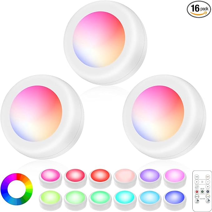 LED Puck Lights with Remote Control, Wireless Under Cabinet Lighting,Color Changing Lights with Dimmer and Timer, AAA Battery Operated Powered Push Night Lights (3 Pack White)