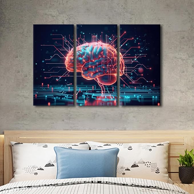 Framed Wall Art 3 Panel GPU, Crypto, AI, Firewall Network Security Pictures Print on Canvas for Bedroom Living Room Decorations, Artificial Intelligence Posters and Prints, 42" Wx28 H
