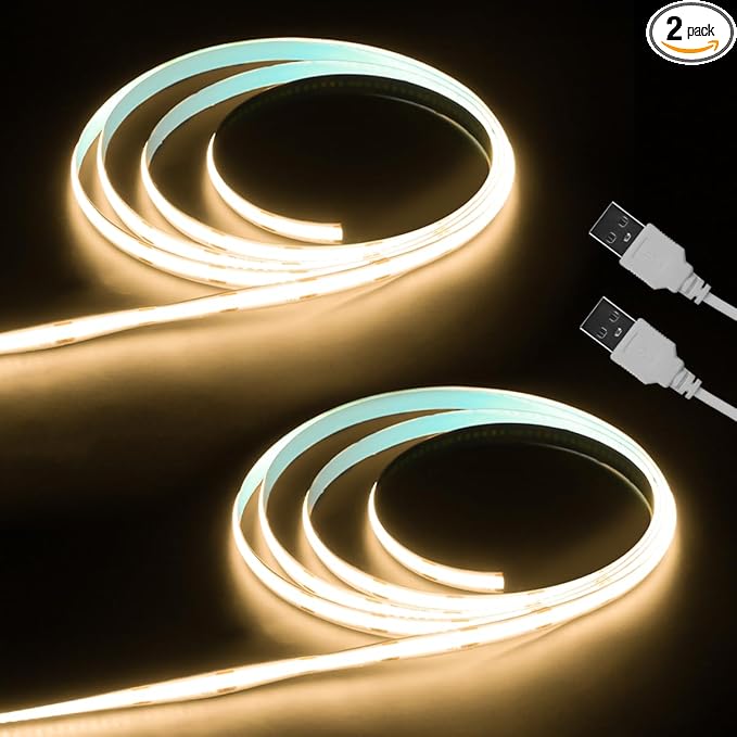 Aclorol COB LED Strip Light 5V USB 1M/3.28FT Warm White 3000K Flexible LED TV Backlight with Self-Adhesive 8mm Width for Bedroom Bedframe Kitchen Sideboard Lighting Project CRI90+ 320LEDs/M (2 Pack)