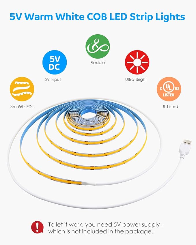 Aclorol 5V USB COB LED Strip Light 10FT/3M 960LEDs Warm White 3000K Flexible Tape Lights with Self-Adhesive Cuttable LED Light Strip for TV Backlight Closet Display Under Cabinet Home DIY Lighting
