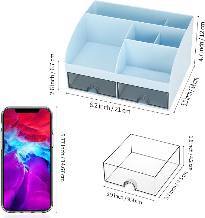 Office Desk Organizer with Drawers for Desktop/Tabletop/Counter, Desk Top Accessories Stationary Organizer Desk Caddy, Pen/Pencil/Business Card/Sticky Note Tray/Paperclip Holder Storage Box (Blue)