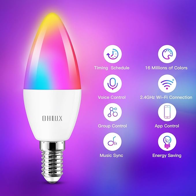 OHLUX Smart Candelabra LED Light Bulbs, 3.5W E12 Base, Compatible with Alexa Google Assistant, Color Changing Bulbs with 16 Million Colors, 2.4GHz WiFi, 4 Pack