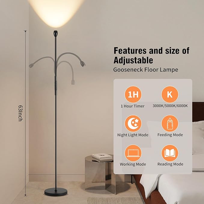 Adjustable Gooseneck LED Beam Floor Lamp, Standing Reading Lamp with Flexible Gooseneck, Dimmable, Timer and Zoomable Spotlight, Black Task Bright Lights with Remote for Living Room Bedroom