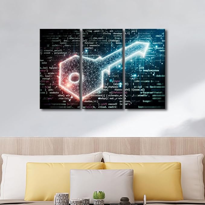 TUMOVO 3 Panels Modern Wall Art Abstract Glowing Key on Digital Background Pictures Print on Canvas for Bedroom Living Room Wall Decoration, Security Concept Artwork Ready to Hang, 36" Wx24 H