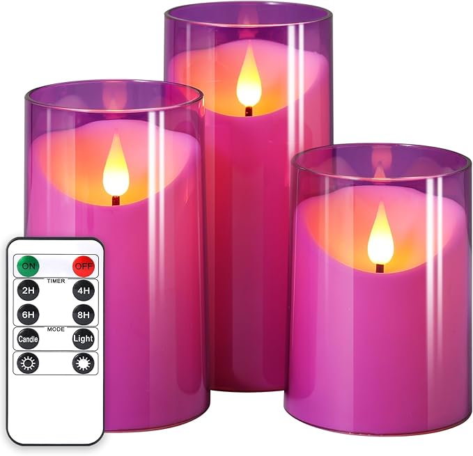 NURADA Flameless Candles: 3D Wick Unbreakable Acrylic Battery Operated LED Pillar Candles - Battery Candles with Remote and Timer for Table Wedding Centerpieces Party Decor 3 Pack Purple