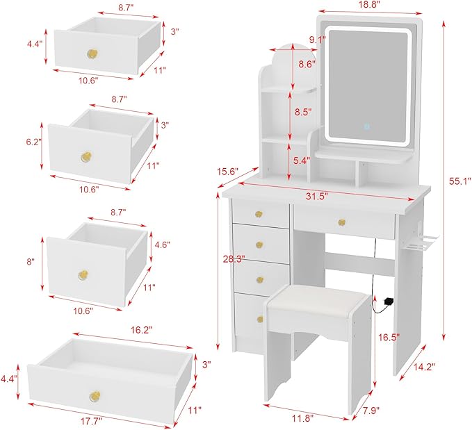 FUFU&GAGA Vanity Set with Rectangular Mirror, Makeup Vanity Dressing Table with 5 Drawers, Shelves, Power Outlet & Hair Dryer Holder, Dresser Desk and Cushioned Stool Set (White/Lighted Mirror)