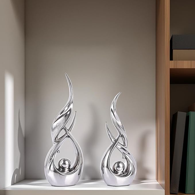 XMGZQ Gold Ceramic Abstract 2 Piece Statue Set,Mid Century Modern Abstract Art Home Decor Statue Mantelpiece on Unique Shelf Decor, TV Cabinet Divider Table top and Dining Table Centerpiece (Silver)