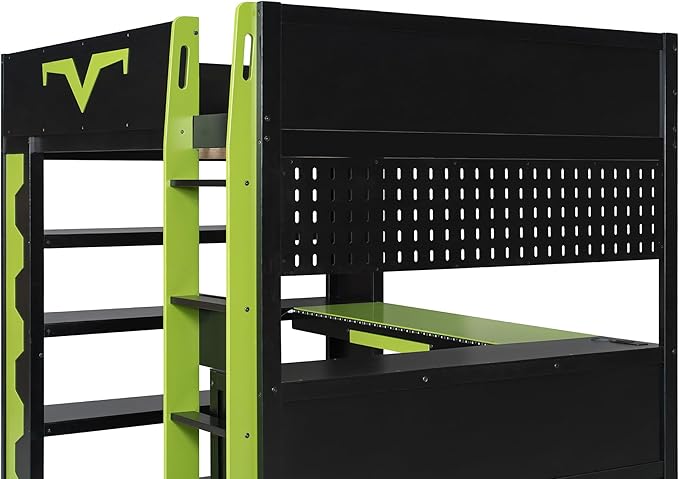 Full Size Gaming Loft Bed with Integrated Desk & RGB LED Lights,Bunk Bed with Power Outlet, Large Bookshelf, Pegboard, Keyboard Tray & Drawer (Green-Bo, Full)