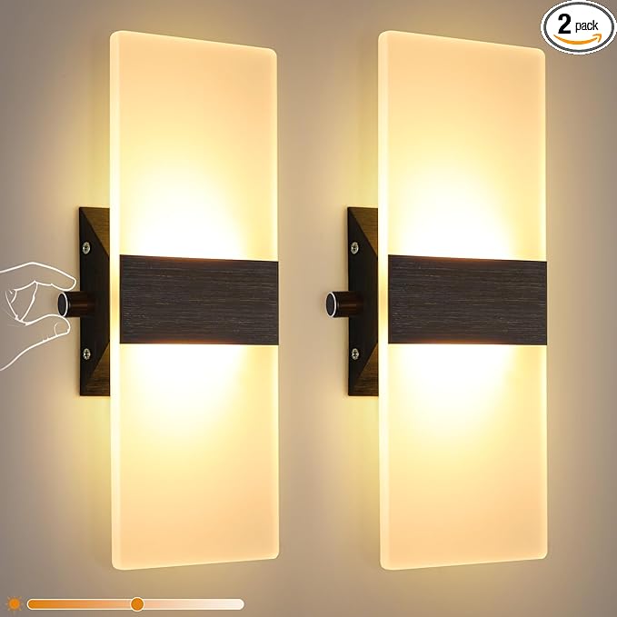 Lightess Modern LED Wall Sconces with Switch, 12W Indoor Wall Lights Set of Two, Hardwired Acrylic Dimmable Wall Mounted Lighting for Living Room Hallway Bedroom, Warm White, 2 Pack