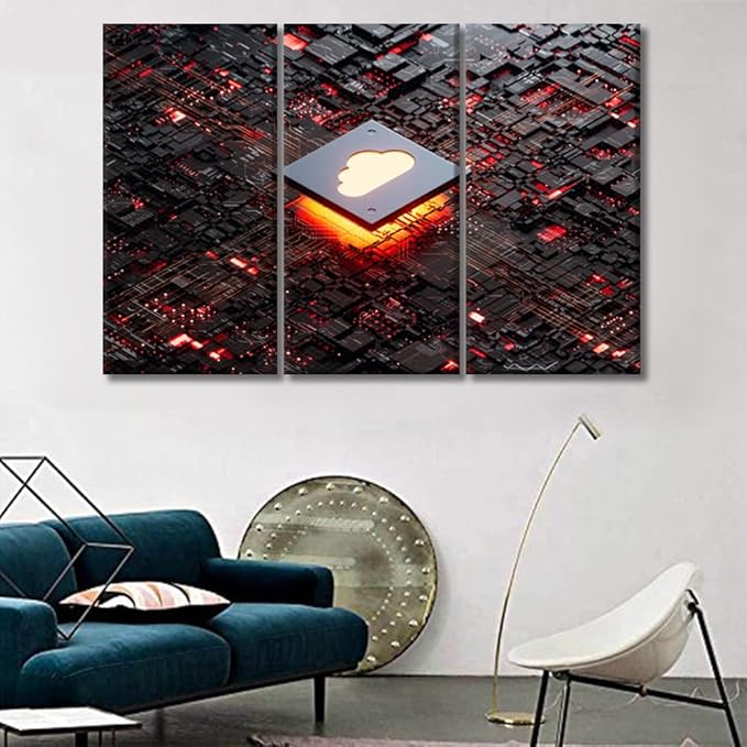 LSIUHWUWI Large Canvas Wall Art CPU Cloud Computing Picture Posters for Home Wall Decor, AI Pictures Print on Canvas Wall Art for Bedroom Office Wall Decor Framed Ready to Hang 20x40inchx3